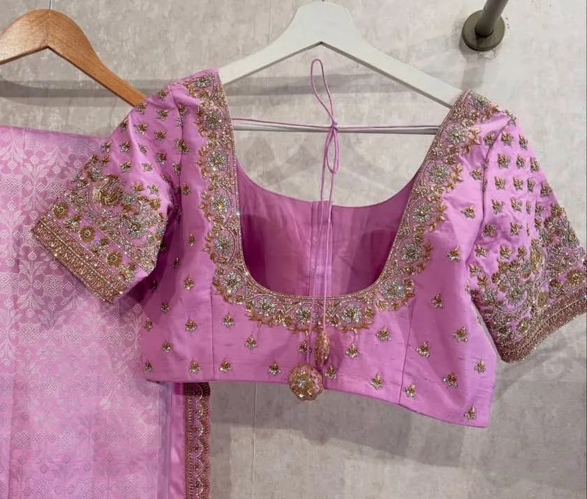 Handcrafted Lilac Pink Silk Maggam Work Blouse | Heavy Zardozi Bridal Design 1