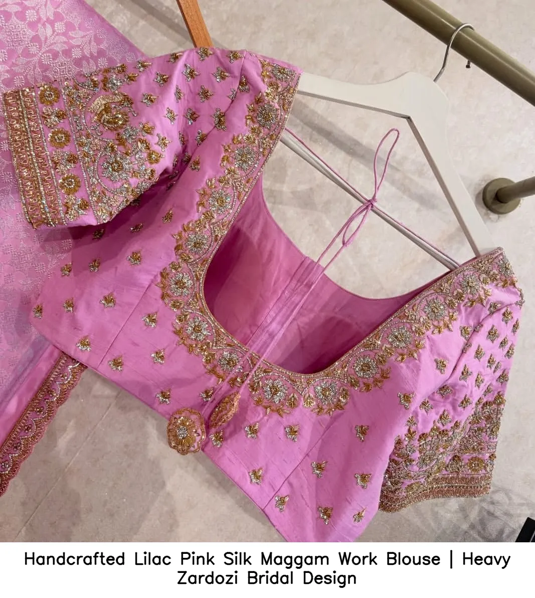 Handcrafted Lilac Pink Silk Maggam Work Blouse | Heavy Zardozi Bridal Design 2