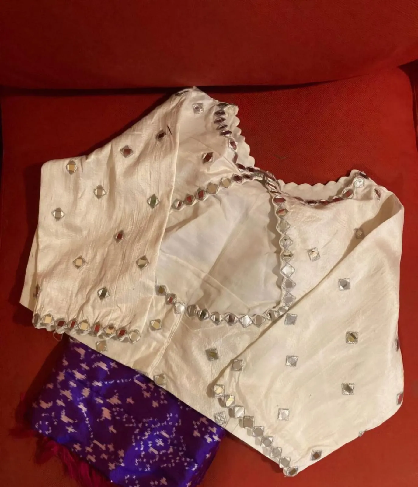 Handcrafted Off-White Mirror Work Blouse – Elegant Party Wear Saree Blouse