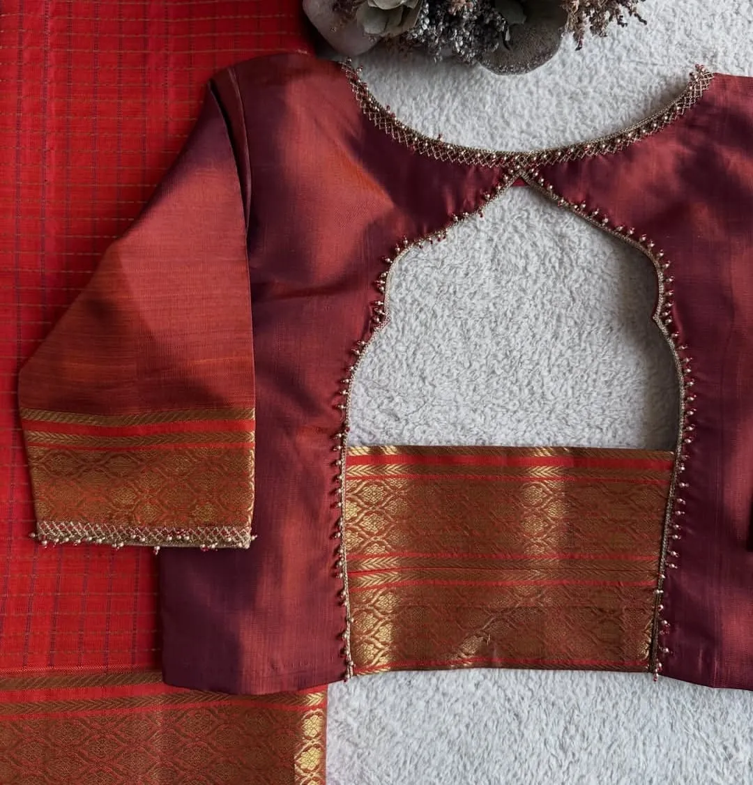Handcrafted Pot Neck Silk Saree Blouse | Back Cut-Out Maggam Work Design 1