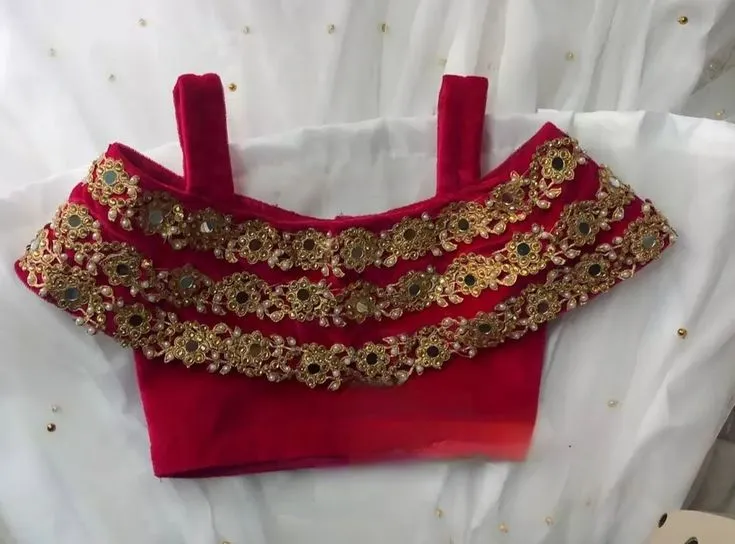 Handcrafted Red Velvet Designer Blouse with Mirror Work & Gold Embroidery