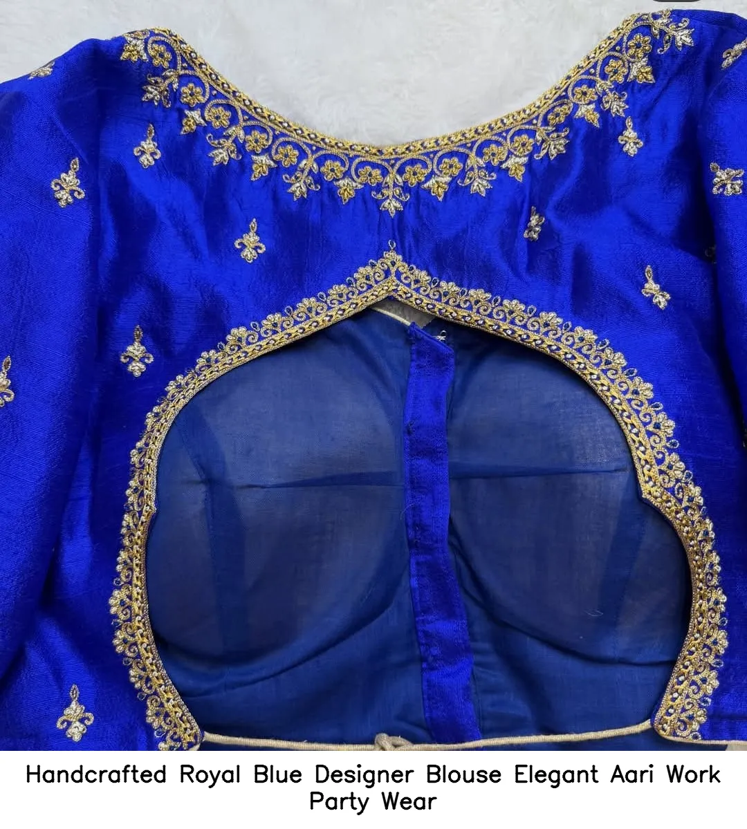Handcrafted Royal Blue Designer Blouse – Elegant Aari Work Party Wear 3