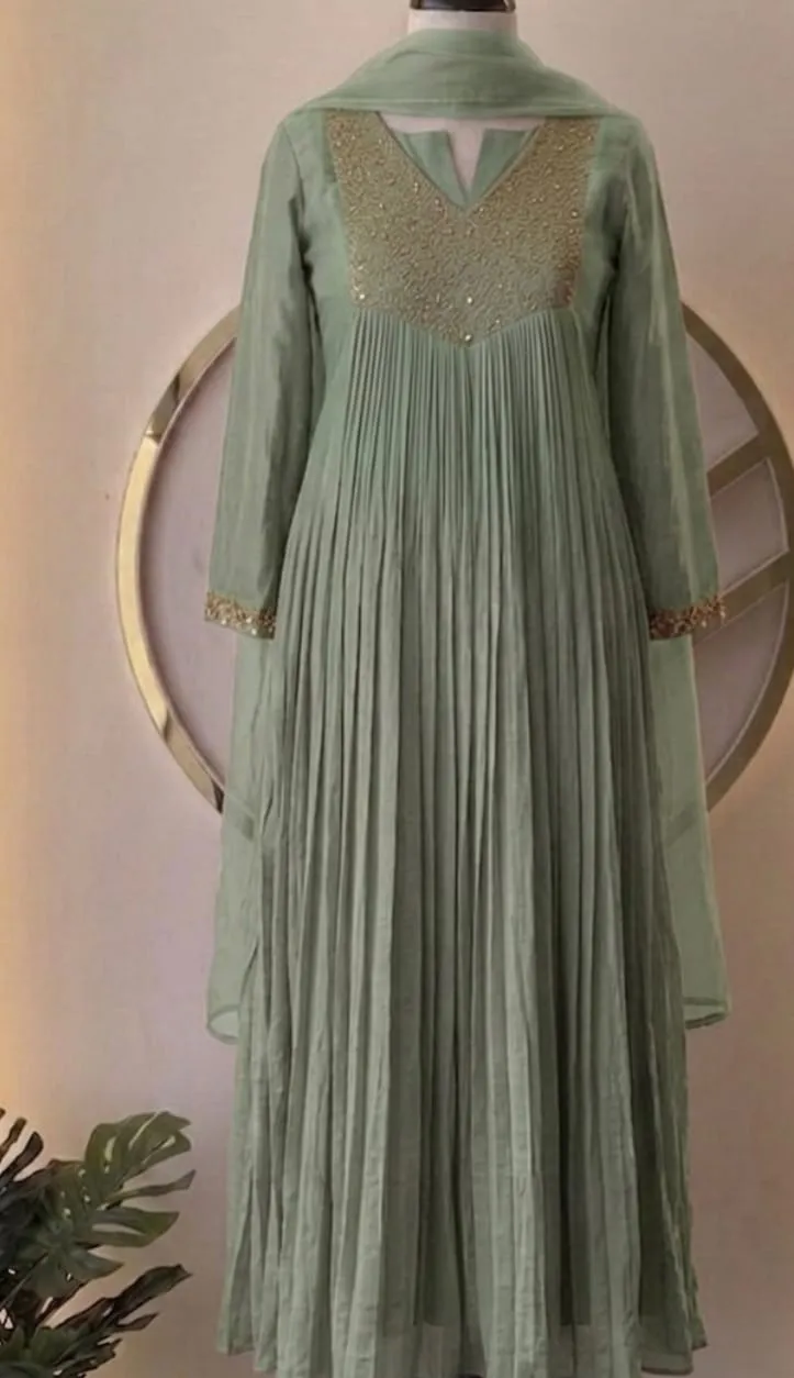 Handcrafted Sage Green Designer Kurta Set with Contemporary Pleated Silhouette 1