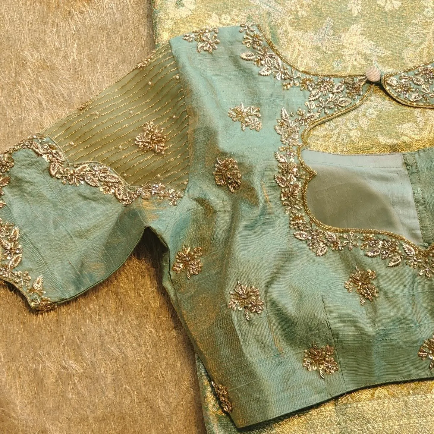 Handcrafted Sage Green Maggam Work Blouse | Premium Aari Embroidery Designer Blouse for Silk Sarees