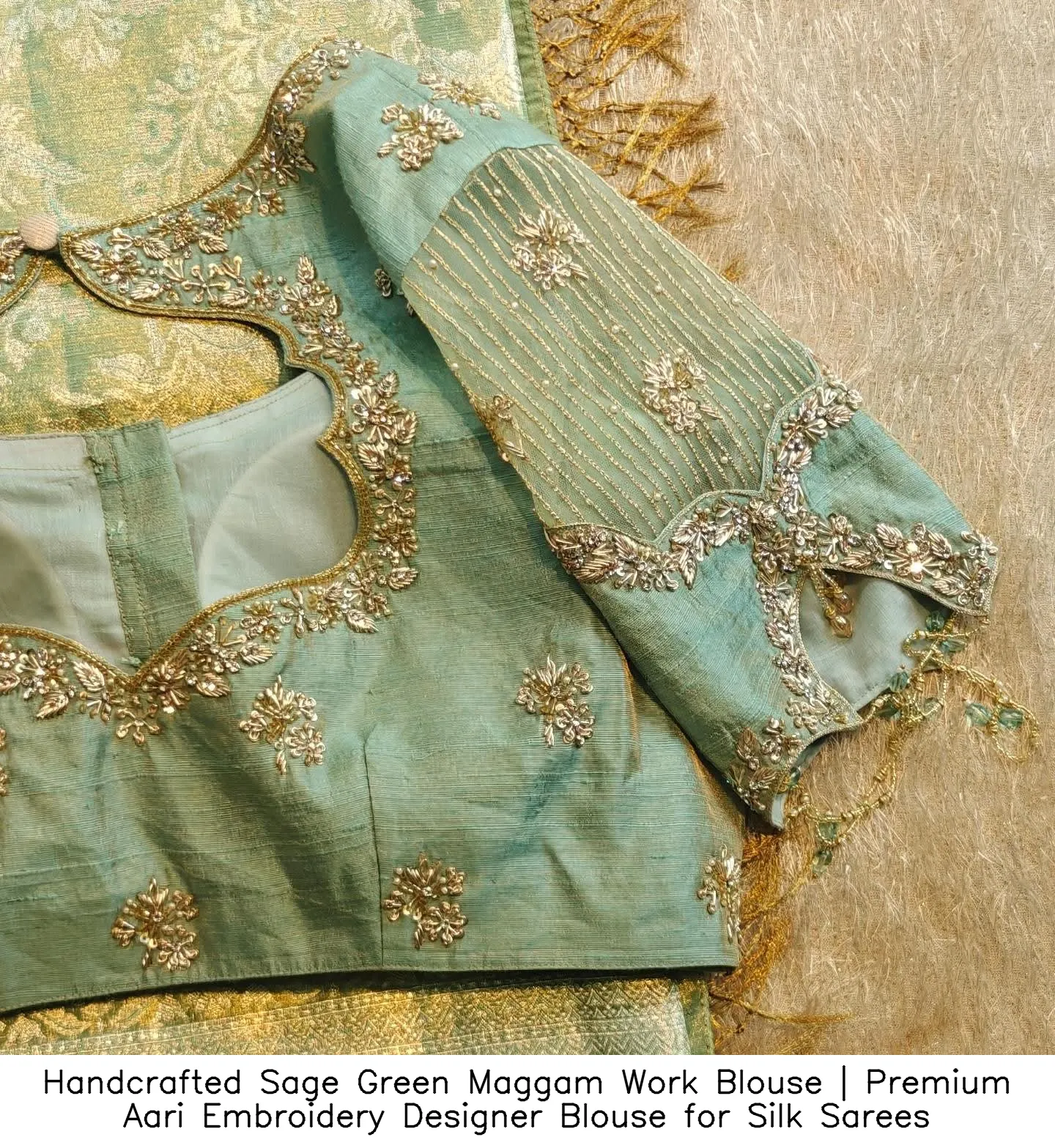 Handcrafted Sage Green Maggam Work Blouse | Premium Aari Embroidery Designer Blouse for Silk Sarees 2