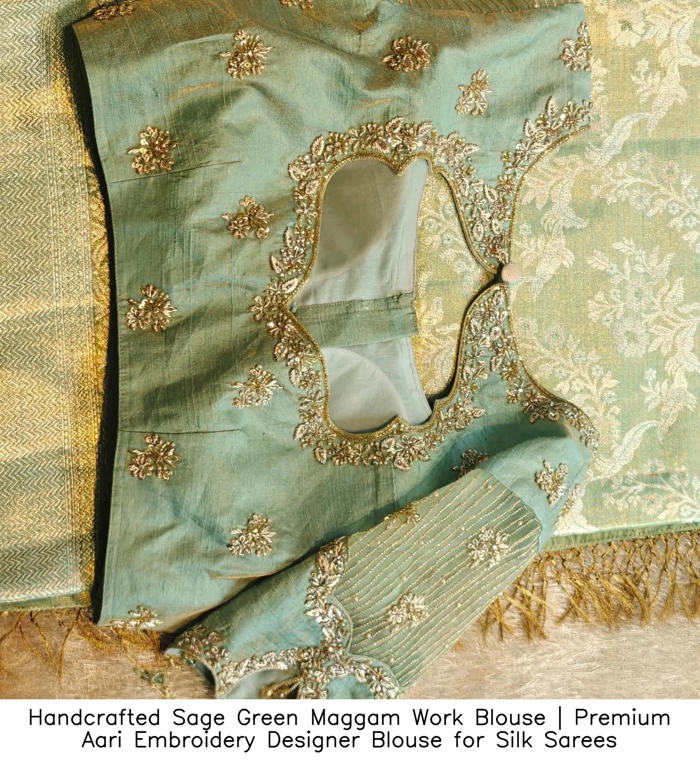 Handcrafted Sage Green Maggam Work Blouse | Premium Aari Embroidery Designer Blouse for Silk Sarees 3