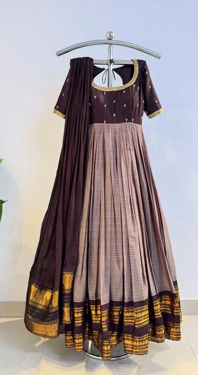 Handloom Pleated Anarkali Gown with Traditional Border – Elegant Ethnic Silk Dress