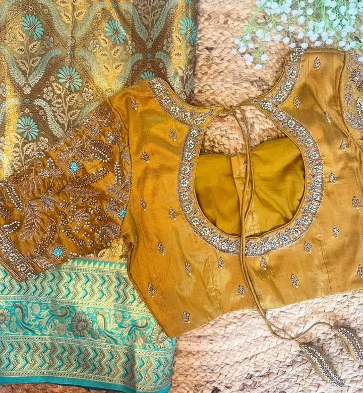 Heavy Aari Work Mustard Yellow Blouse with Turquoise Highlights | Embroidered Silk Saree Blouse