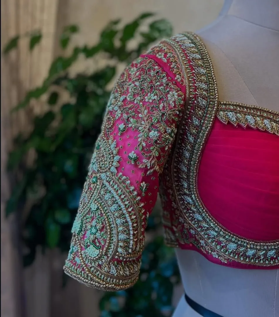 Heavy Hand-Embroidered Aari Work Blouse – Premium Pink Bridal Silk Blouse