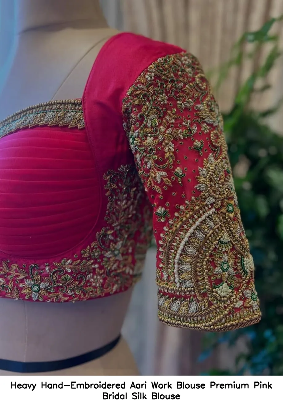 Heavy Hand-Embroidered Aari Work Blouse – Premium Pink Bridal Silk Blouse 2