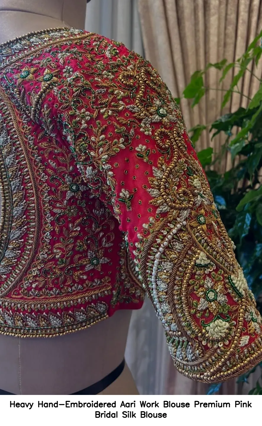 Heavy Hand-Embroidered Aari Work Blouse – Premium Pink Bridal Silk Blouse 3