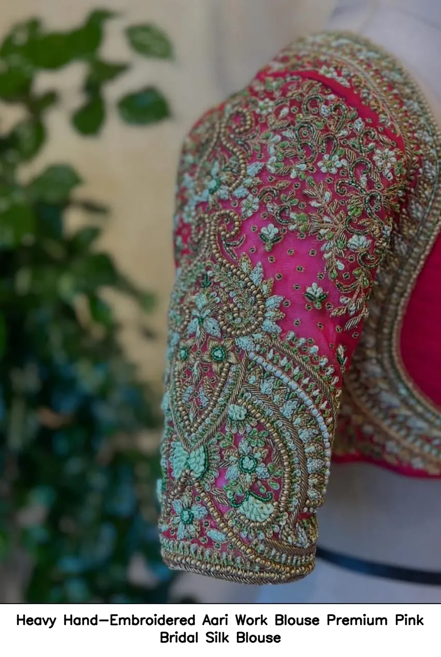 Heavy Hand-Embroidered Aari Work Blouse – Premium Pink Bridal Silk Blouse 4