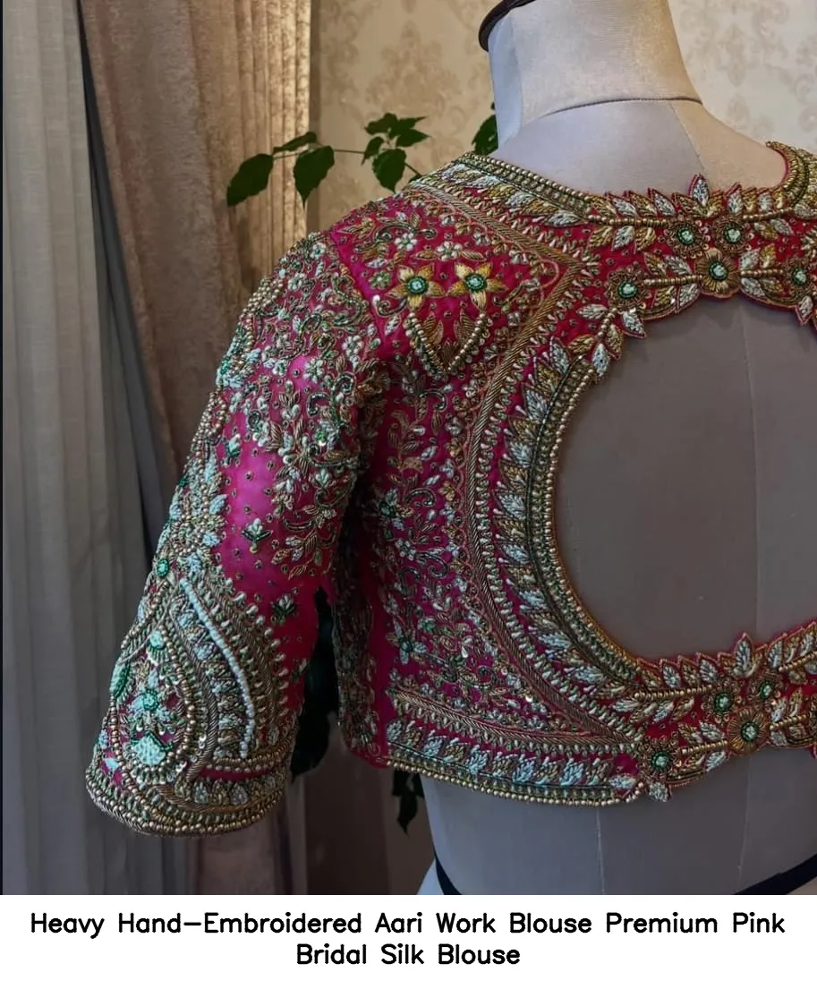 Heavy Hand-Embroidered Aari Work Blouse – Premium Pink Bridal Silk Blouse 5