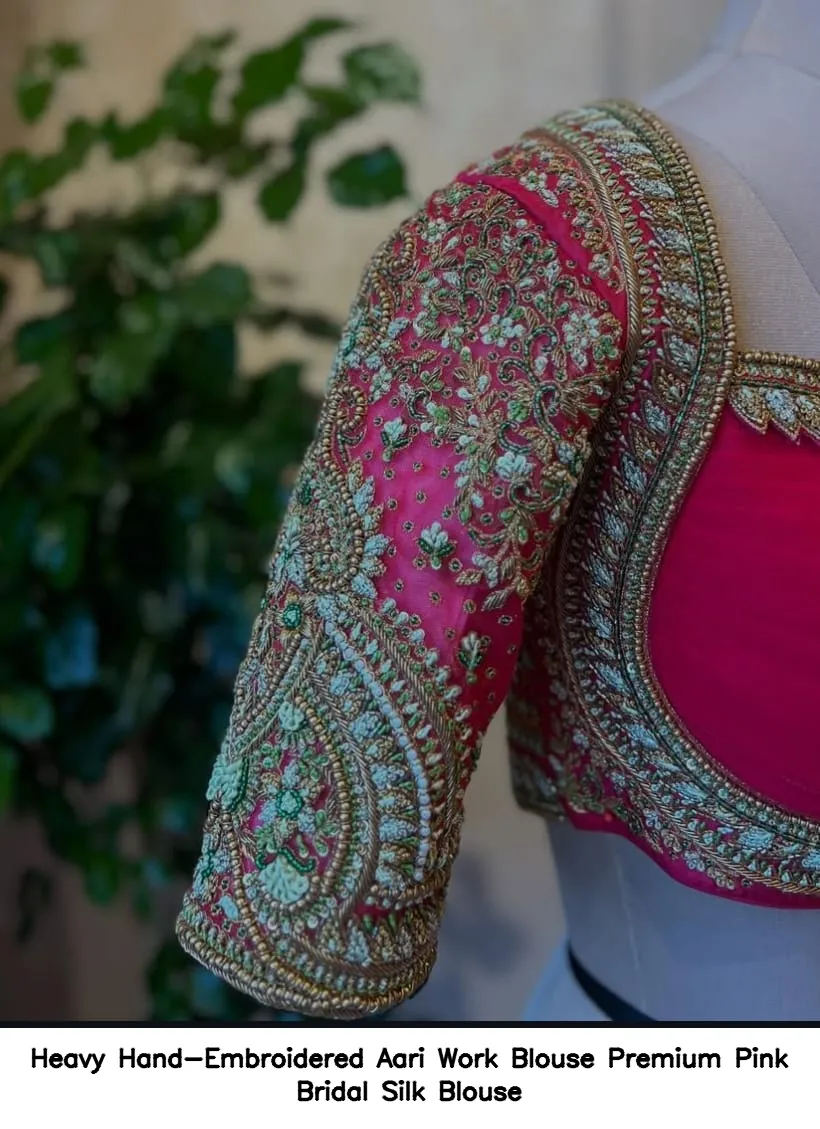Heavy Hand-Embroidered Aari Work Blouse – Premium Pink Bridal Silk Blouse 6
