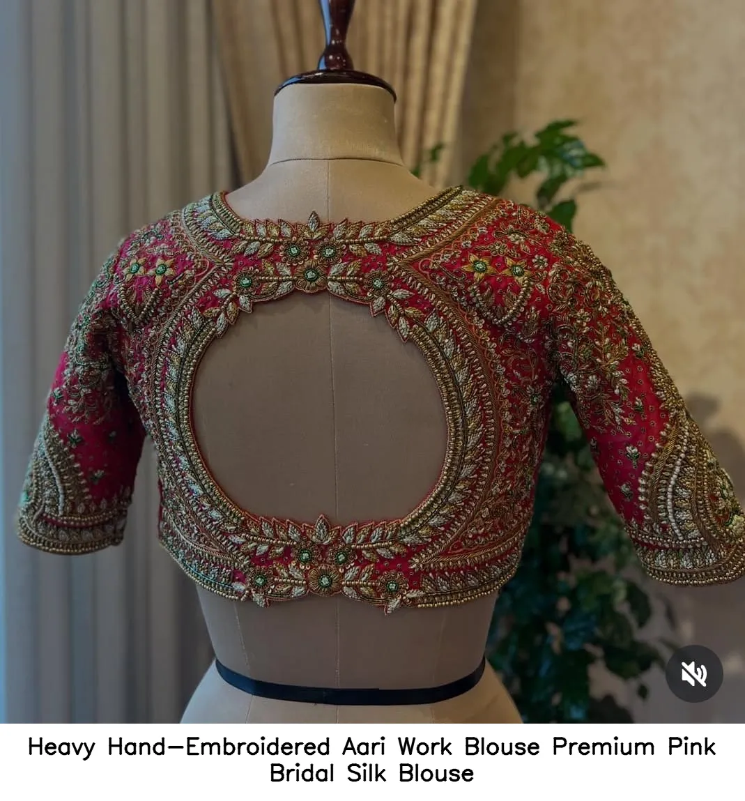 Heavy Hand-Embroidered Aari Work Blouse – Premium Pink Bridal Silk Blouse 7