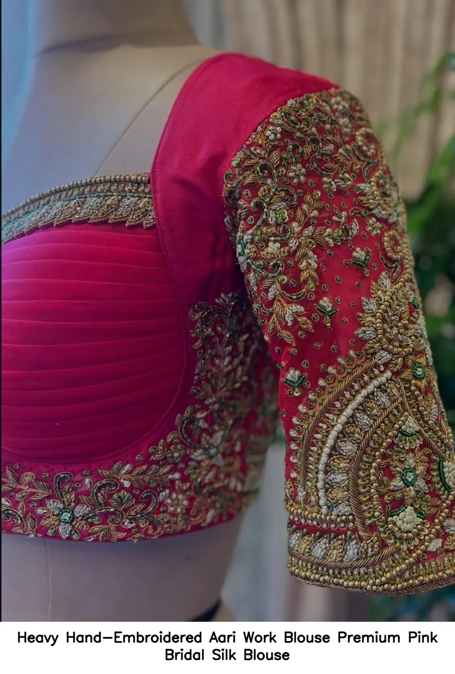 Heavy Hand-Embroidered Aari Work Blouse – Premium Pink Bridal Silk Blouse 8