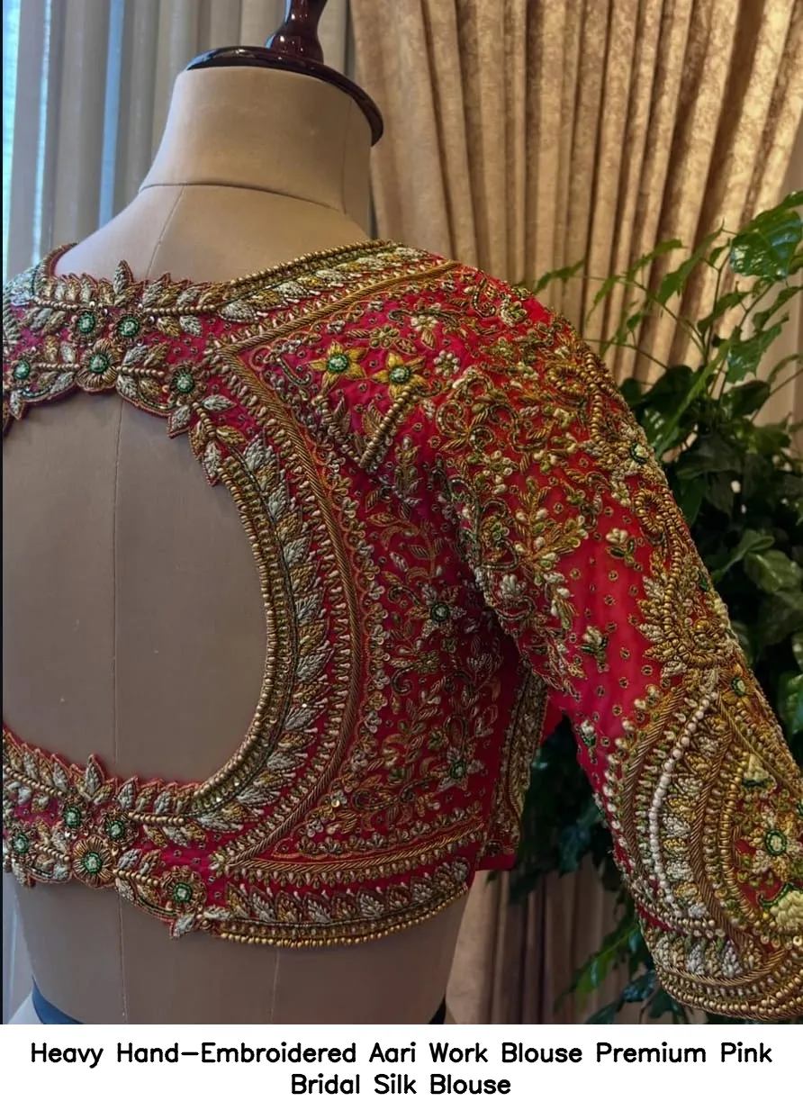 Heavy Hand-Embroidered Aari Work Blouse – Premium Pink Bridal Silk Blouse 9