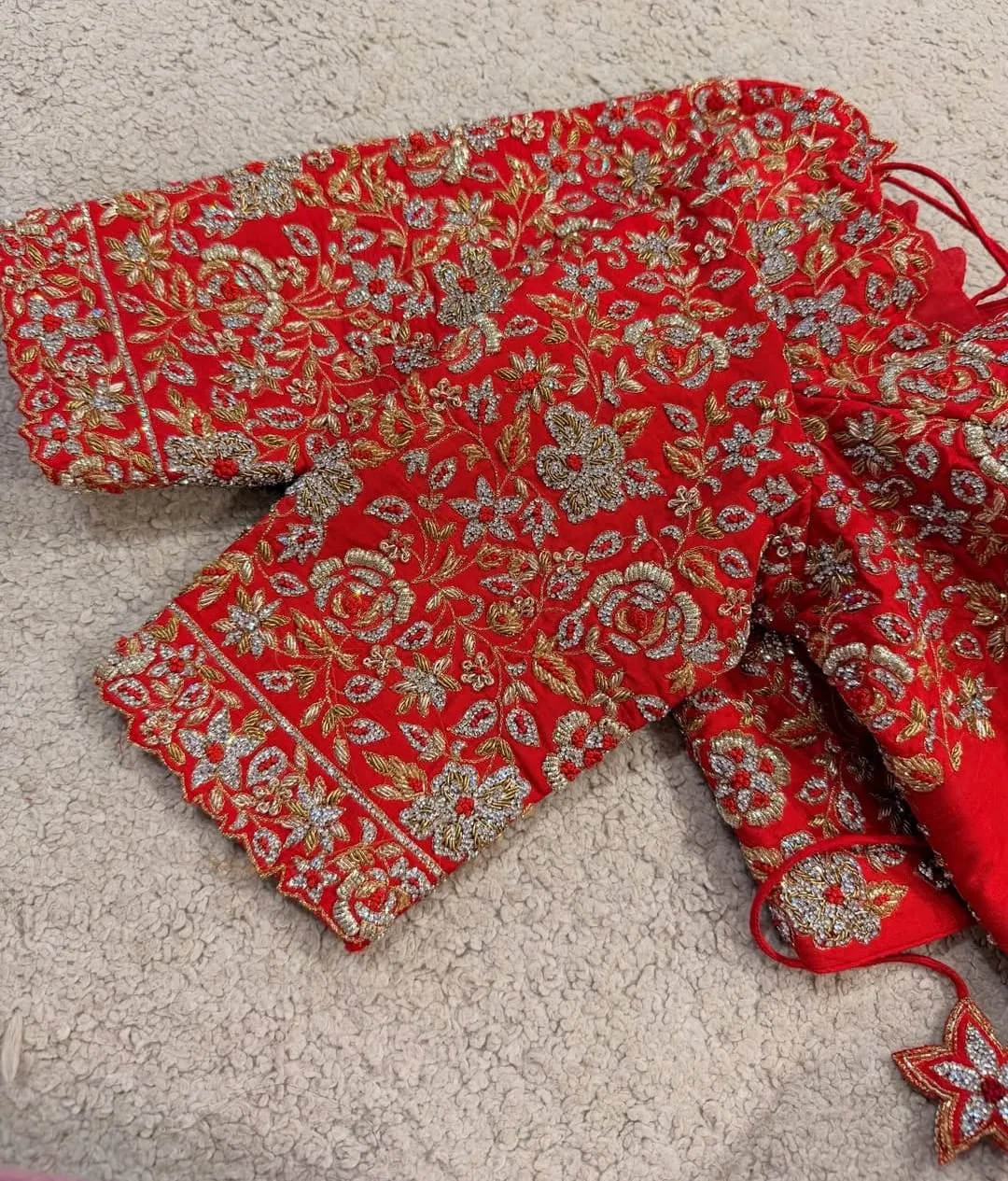 Heavy Red Bridal Maggam Work Silk Blouse | Handcrafted Zardozi Design with Scalloped Neck 1