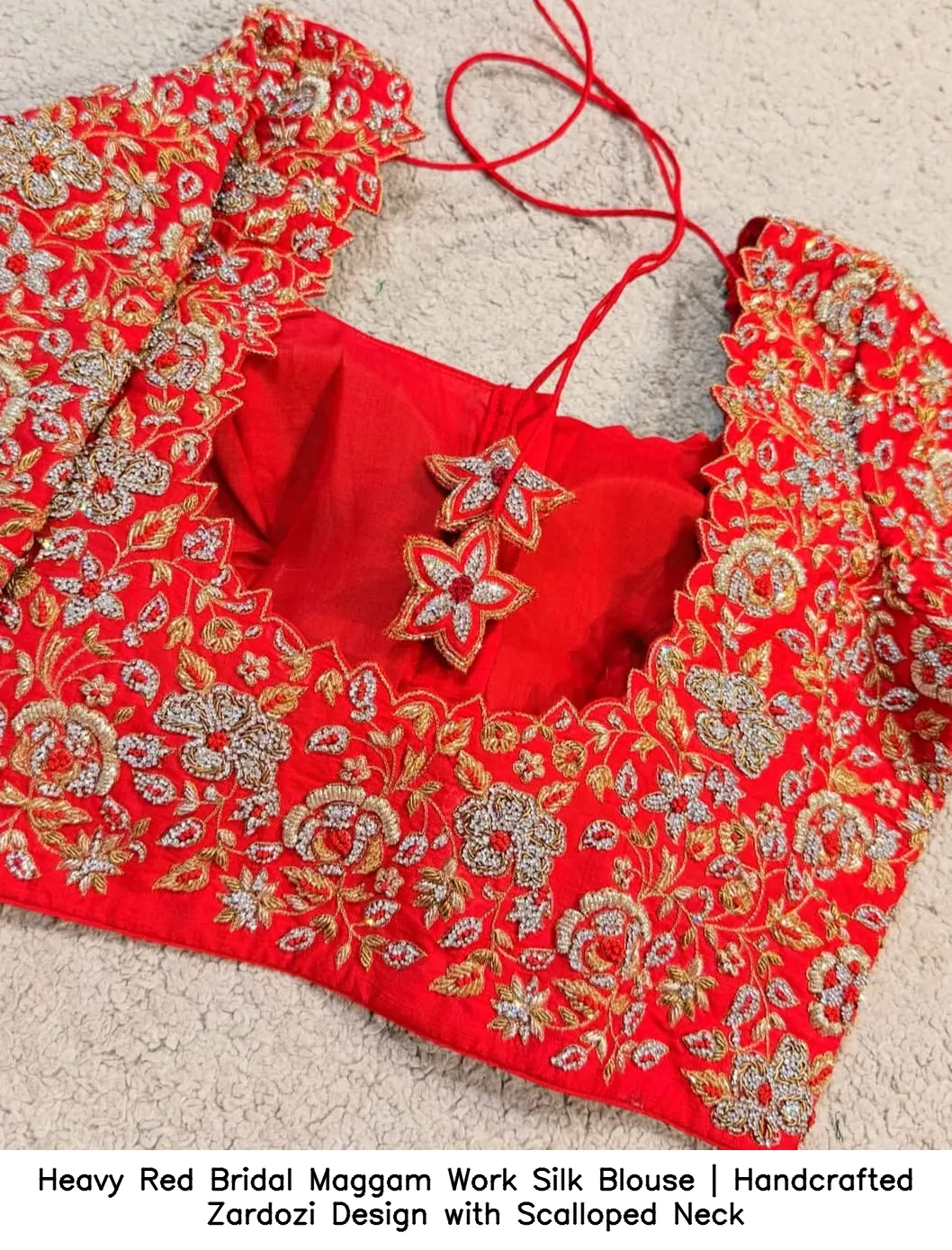 Heavy Red Bridal Maggam Work Silk Blouse | Handcrafted Zardozi Design with Scalloped Neck 2