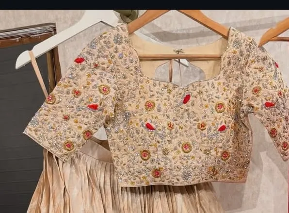 Heavy Zardozi Work Bridal Lehenga Blouse | Handcrafted Champagne Gold Embroidery 1