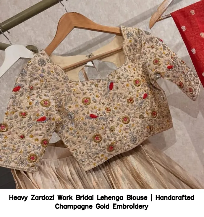 Heavy Zardozi Work Bridal Lehenga Blouse | Handcrafted Champagne Gold Embroidery 2