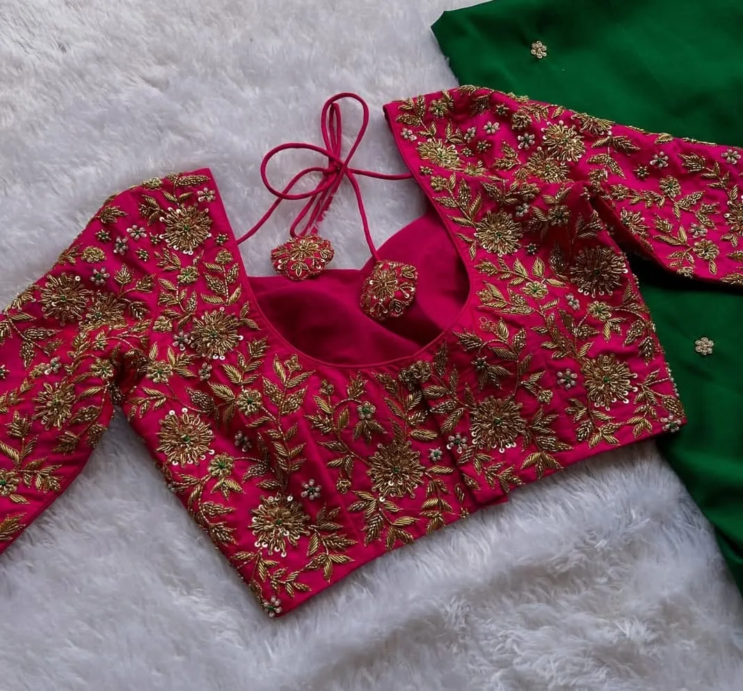 Hot Pink Hand-Embroidered Maggam Work Blouse | Designer Ethnic Wear for Women