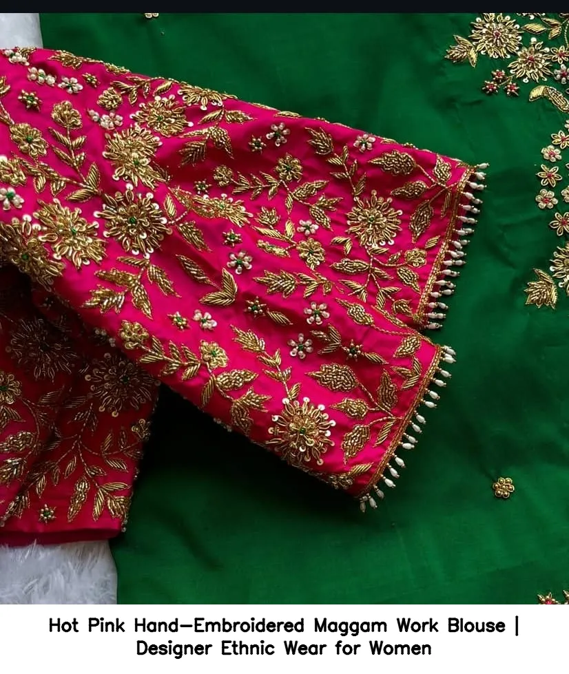 Hot Pink Hand-Embroidered Maggam Work Blouse | Designer Ethnic Wear for Women 2