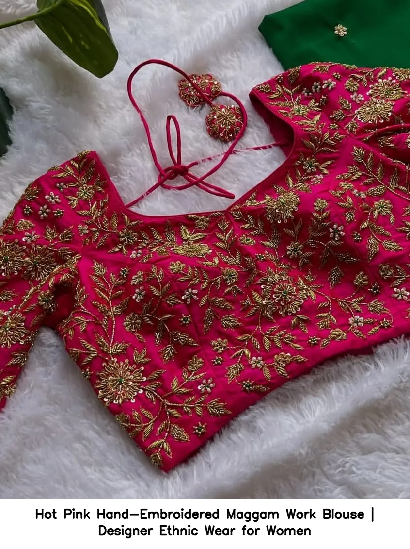Hot Pink Hand-Embroidered Maggam Work Blouse | Designer Ethnic Wear for Women 3