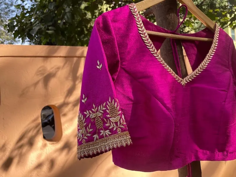 Hot Pink Raw Silk Blouse with Teardrop Back & Paisley Sleeves | Custom Padded Saree Blouse 1