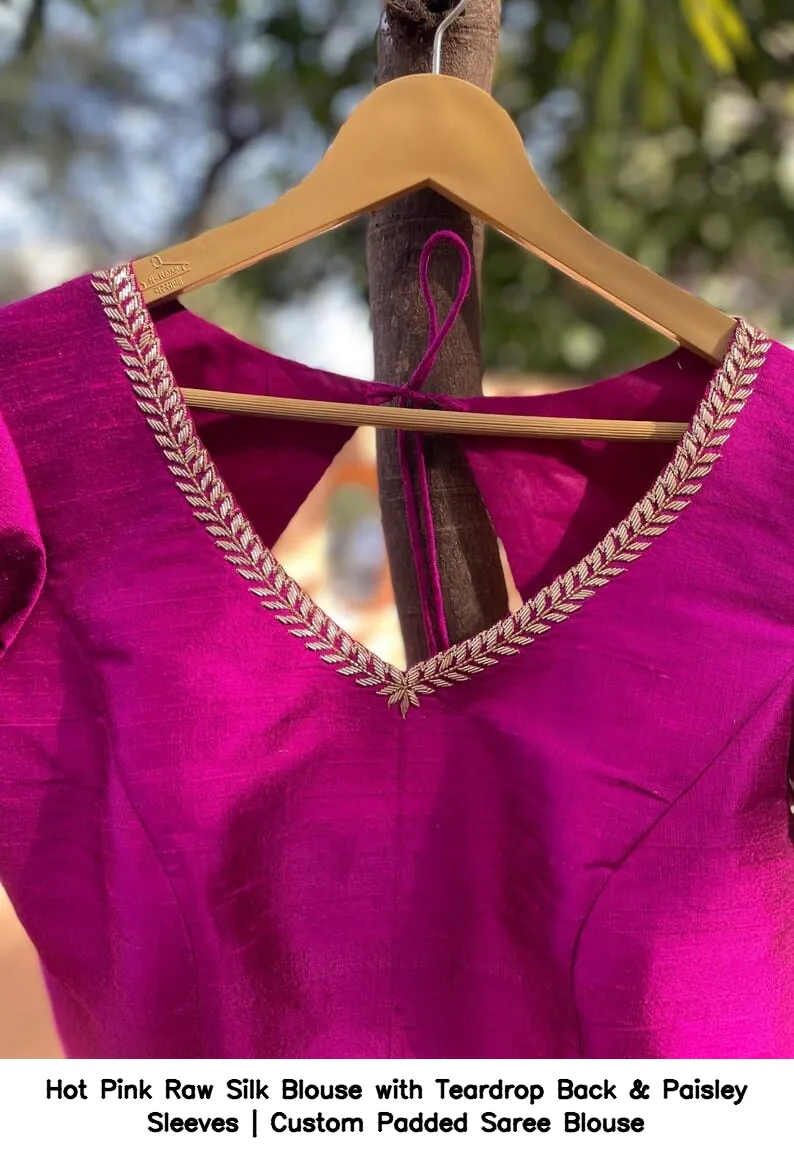 Hot Pink Raw Silk Blouse with Teardrop Back & Paisley Sleeves | Custom Padded Saree Blouse 4