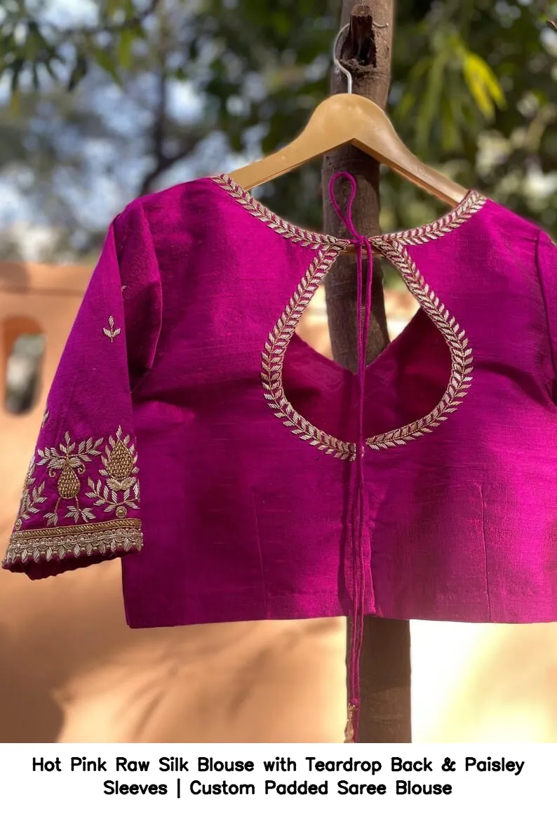 Hot Pink Raw Silk Blouse with Teardrop Back & Paisley Sleeves | Custom Padded Saree Blouse 8