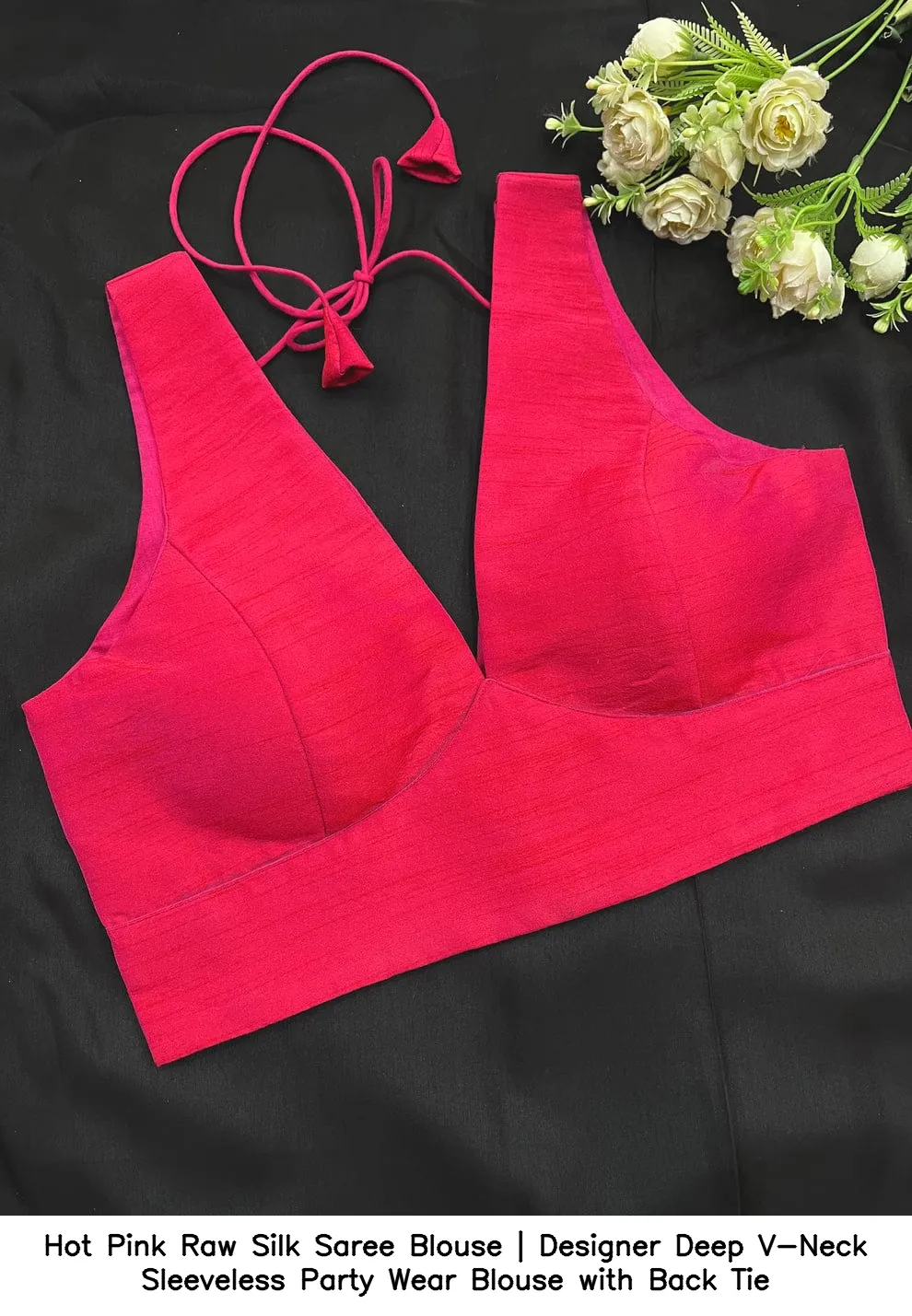 Hot Pink Raw Silk Saree Blouse | Designer Deep V-Neck Sleeveless Party Wear Blouse with Back Tie