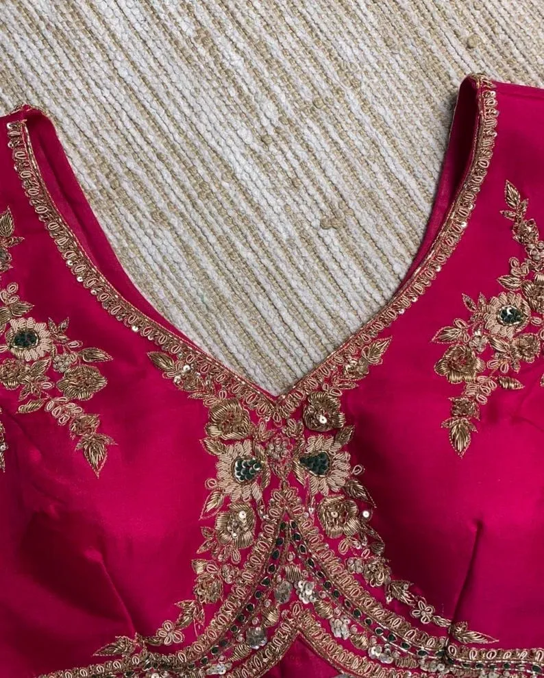 Hot Pink Raw Silk Saree Blouse with Gold Zardozi Work | Floral Sequins Maggam Work Blouse