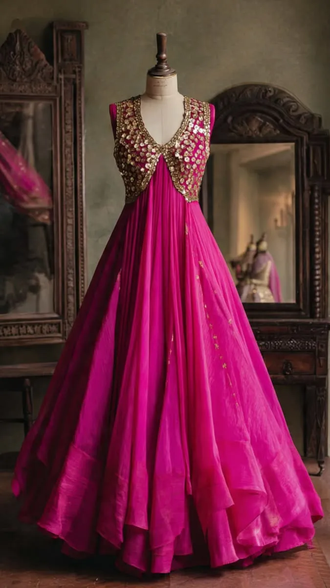Hot Pink Silk Anarkali Long Frock – Sleeveless Gold Embellished Party Wear Gown 1