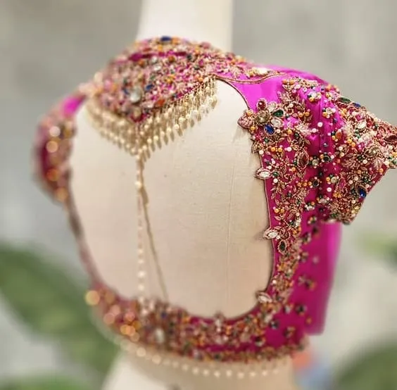 Hot Pink Silk Bridal Blouse with Heavy Multicolor Kundan Stone Work & Pearl Tassels | Designer Saree Blouse