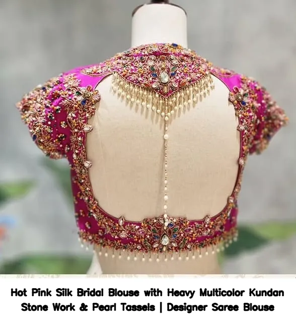 Hot Pink Silk Bridal Blouse with Heavy Multicolor Kundan Stone Work & Pearl Tassels | Designer Saree Blouse 2