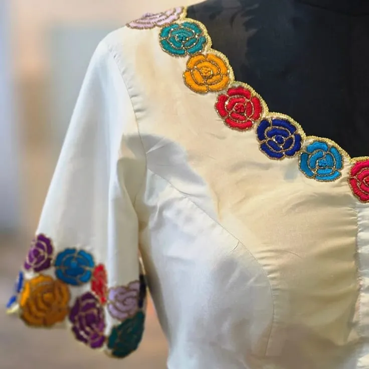 Ivory Silk Blouse with Vibrant Scalloped Floral Rosette Embroidery & Gold Zardosi Border