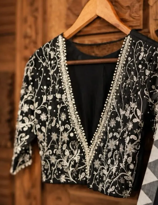 Jet Black Silk Deep V-Neck Blouse with White Pearl & Floral Hand Embroidery | Designer Partywear Saree Blouse