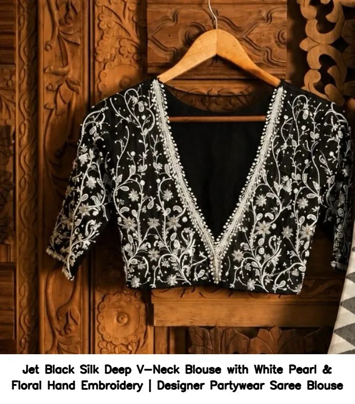 Jet Black Silk Deep V-Neck Blouse with White Pearl & Floral Hand Embroidery | Designer Partywear Saree Blouse 3