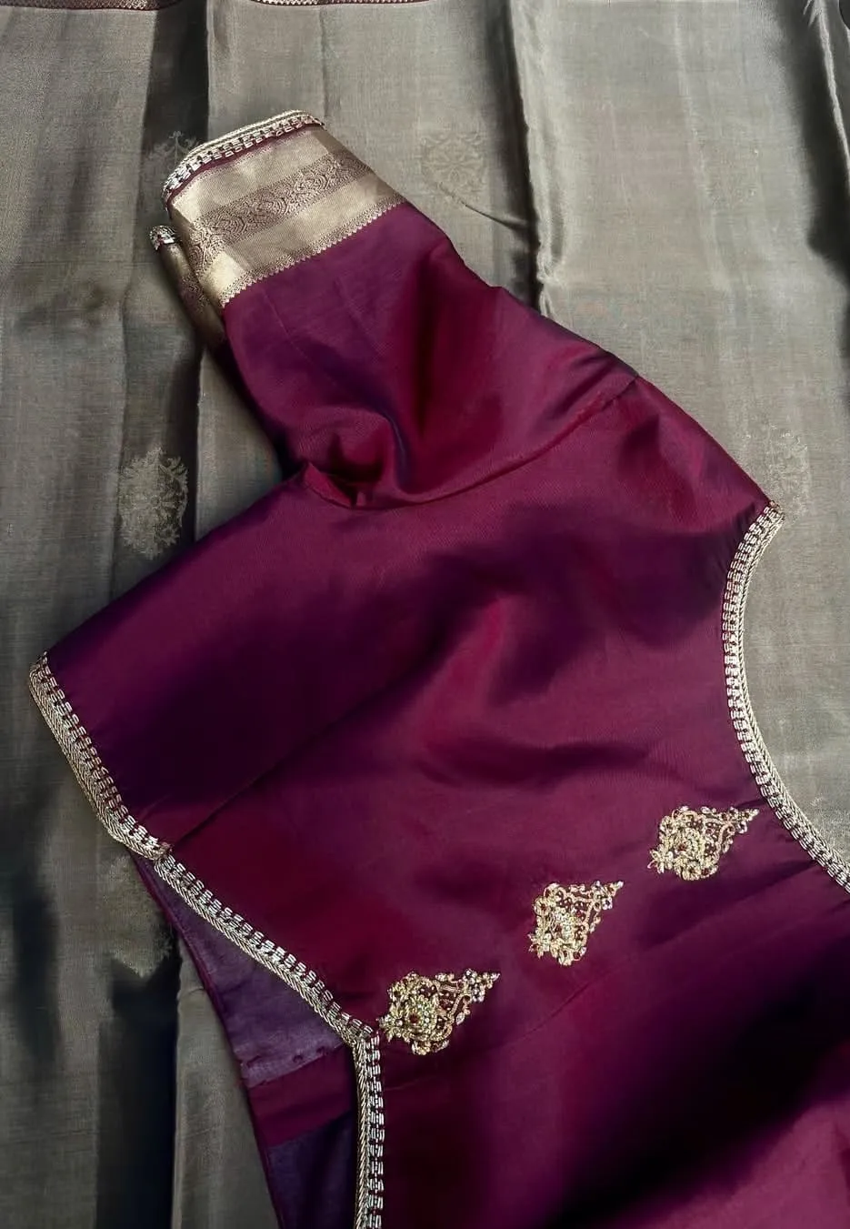 Latest Traditional Maroon Silk Blouse Design with Zari Work