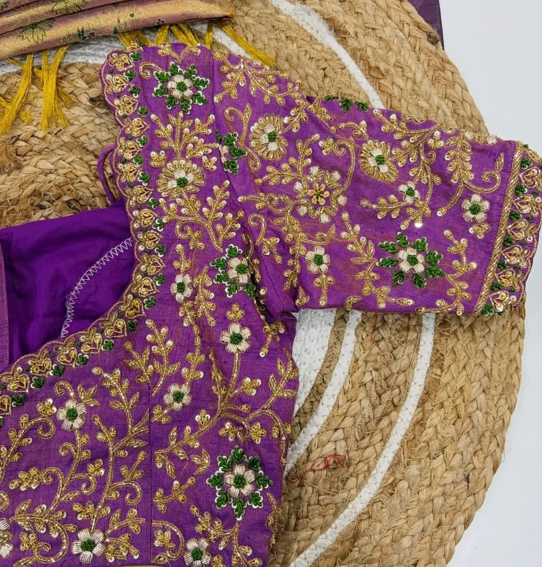 Latest Traditional Silk Blouse Design with Floral Aari Work