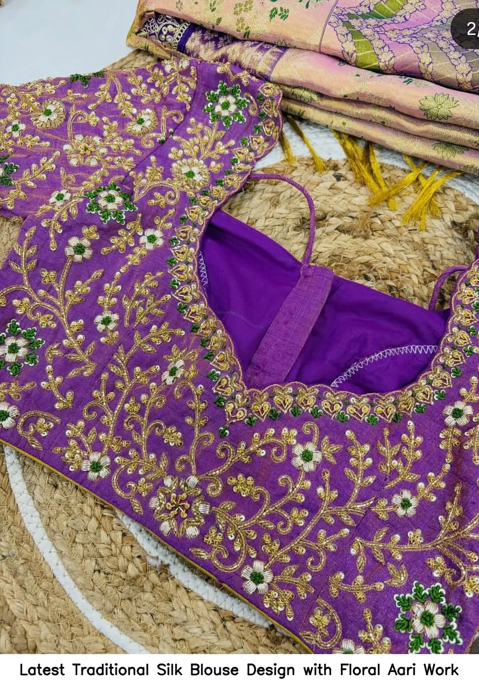 Latest Traditional Silk Blouse Design with Floral Aari Work 2