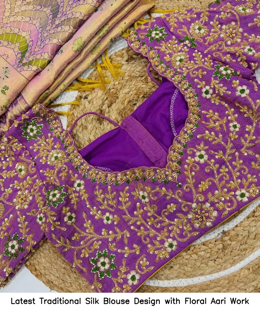 Latest Traditional Silk Blouse Design with Floral Aari Work 3