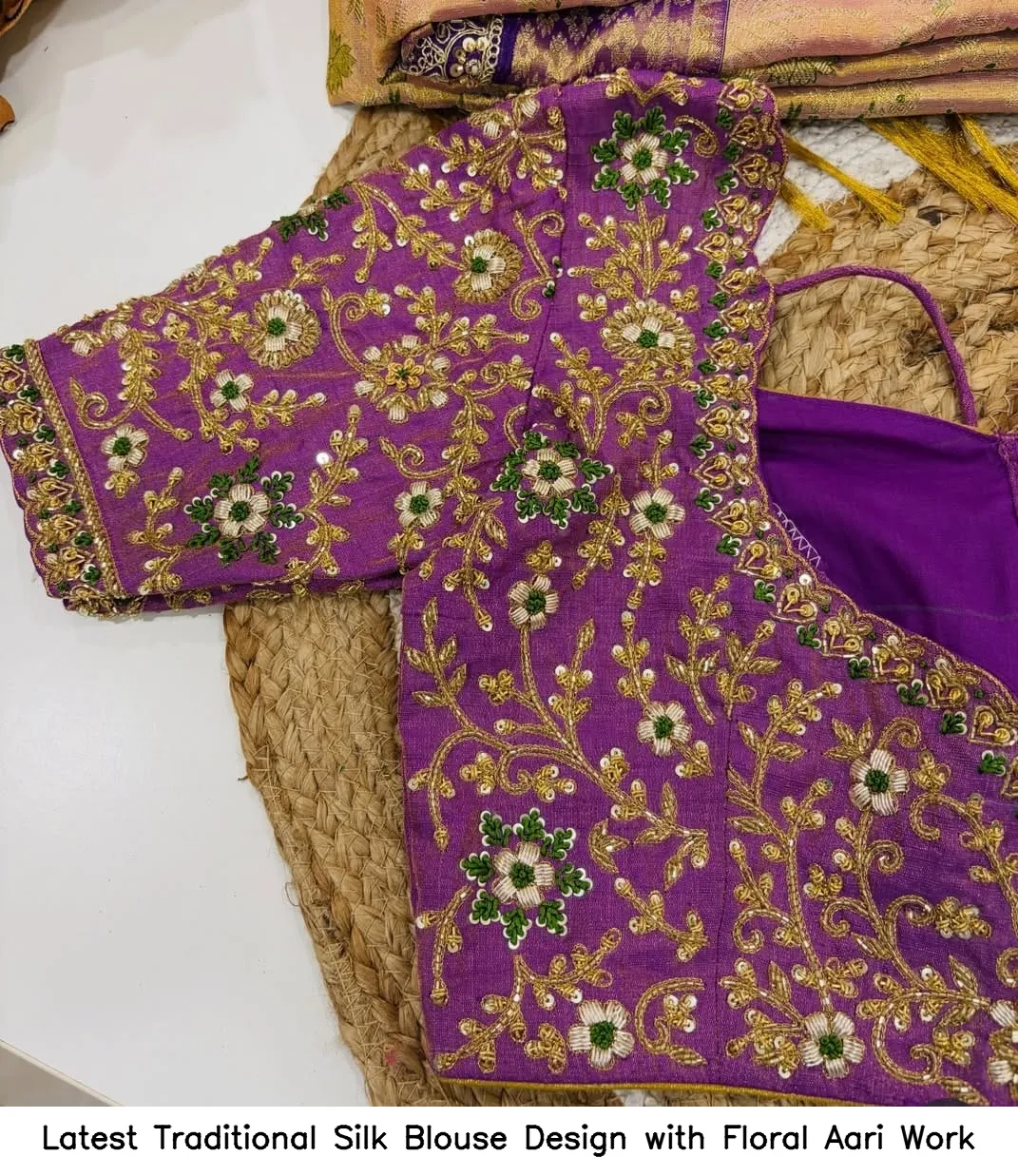Latest Traditional Silk Blouse Design with Floral Aari Work 5