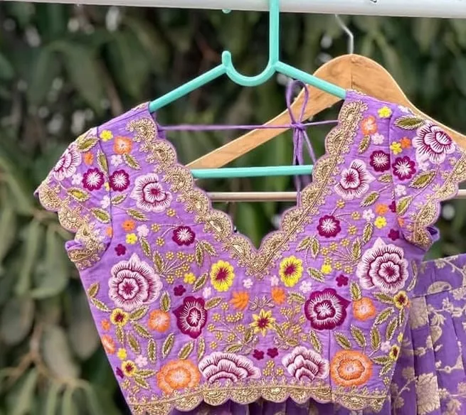 Lavender Designer Blouse with Multi-Color Floral Embroidery | Premium Handcrafted Festive Crop Top