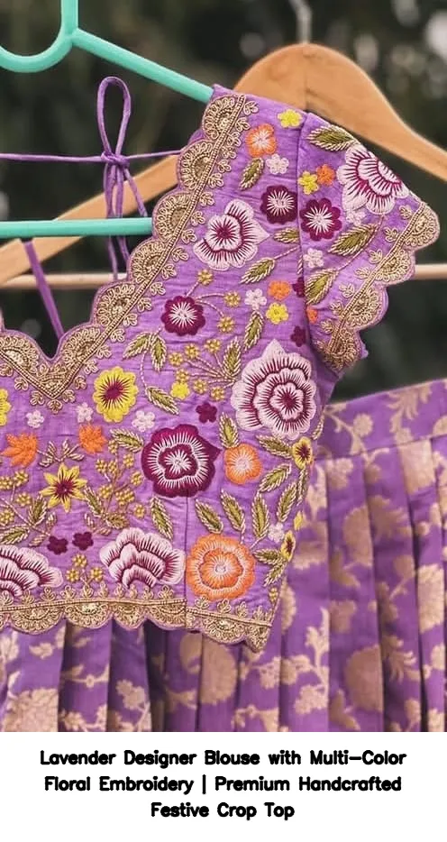 Lavender Designer Blouse with Multi-Color Floral Embroidery | Premium Handcrafted Festive Crop Top 3