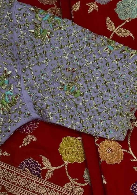 Lavender Floral Zardosi & Bead Embroidered Blouse with Scallop Neck Details