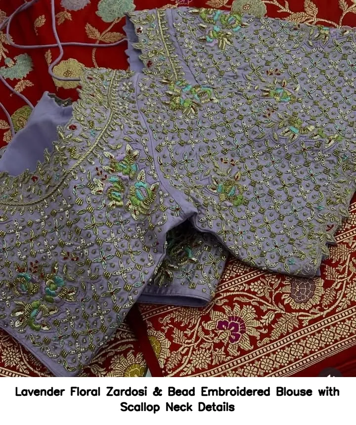 Lavender Floral Zardosi & Bead Embroidered Blouse with Scallop Neck Details 2