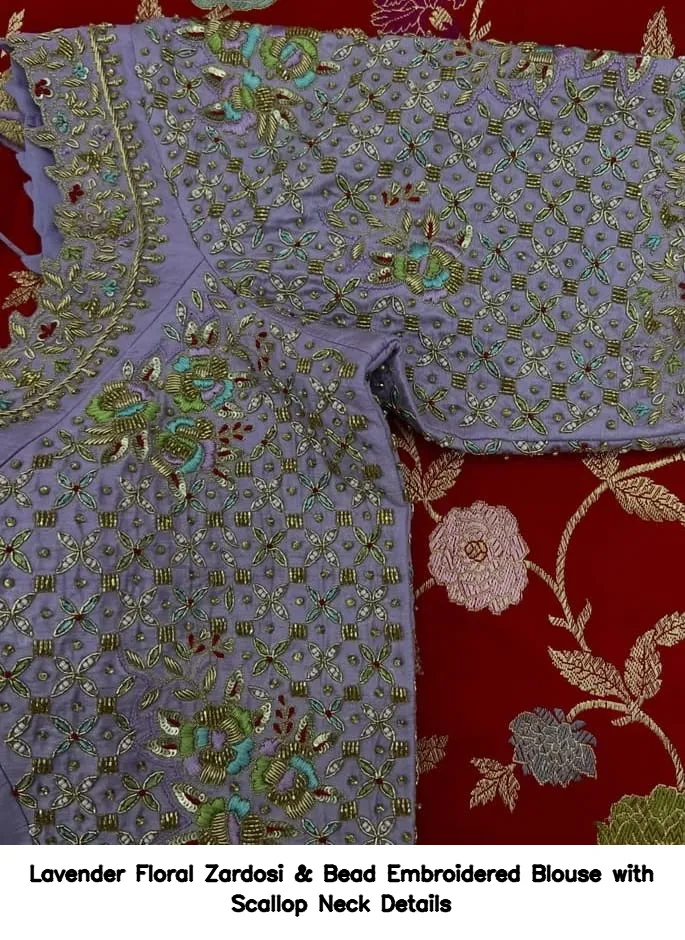 Lavender Floral Zardosi & Bead Embroidered Blouse with Scallop Neck Details 3