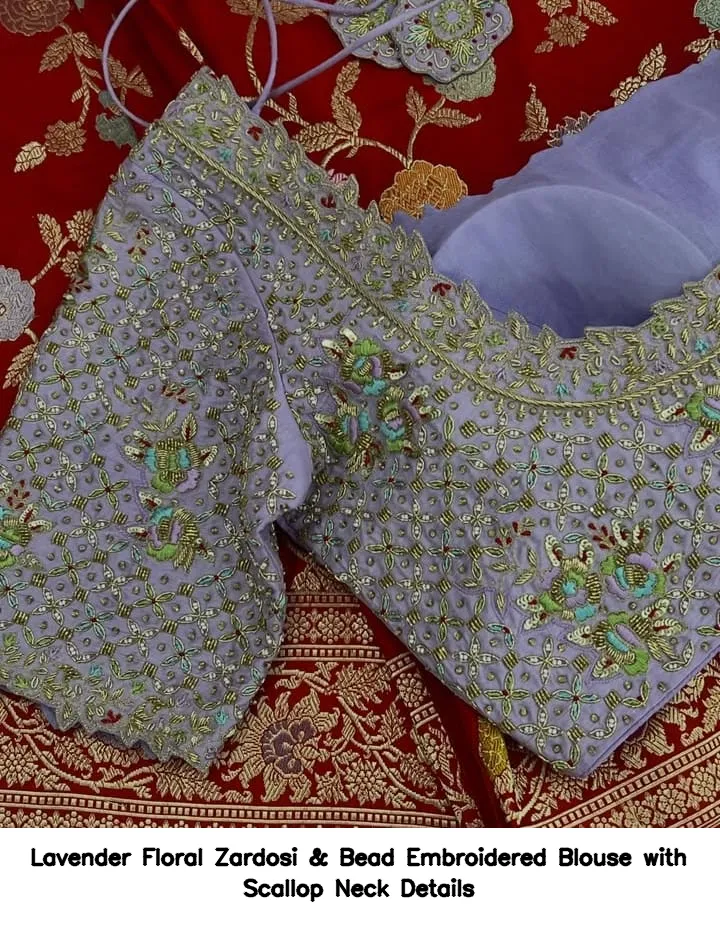 Lavender Floral Zardosi & Bead Embroidered Blouse with Scallop Neck Details 4